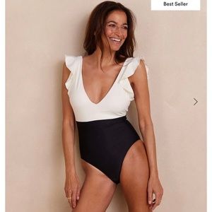 NWT Summersault The Ruffle Backflip Swimsuit Black/Cream 6